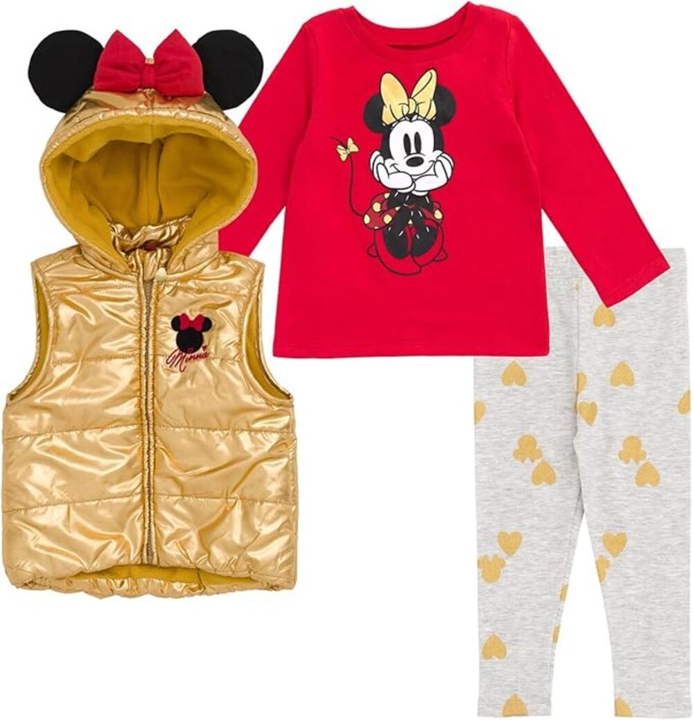 Disney Minnie Mouse Girls 3 Piece Outfit Gold Puffer Vest Shirt Leggings Set